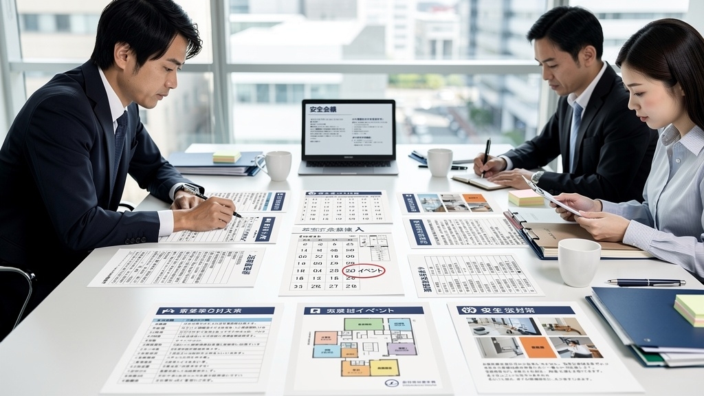 安全大会の準備をしている社員たち