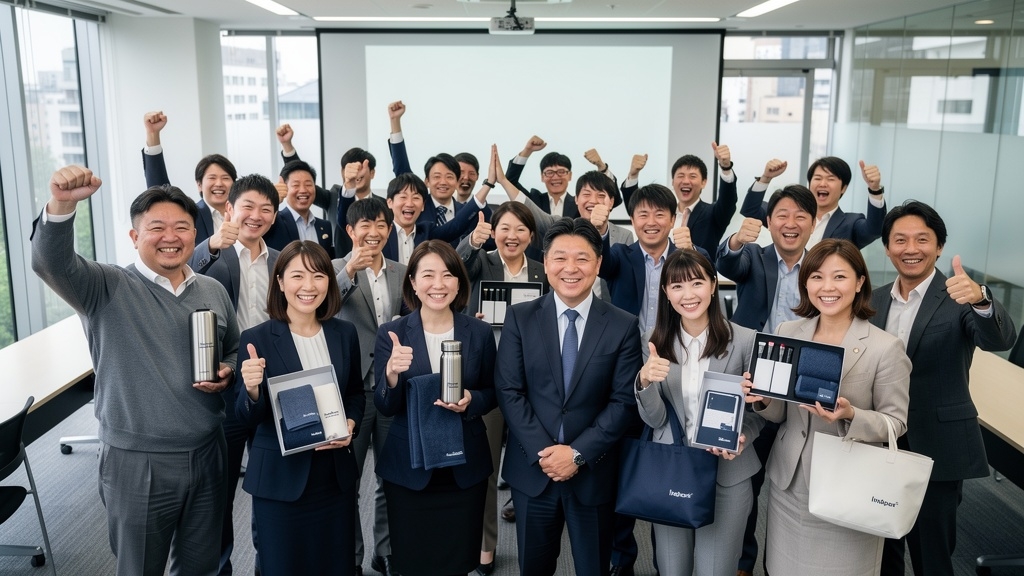記念品をもらって喜んでいる社員たち