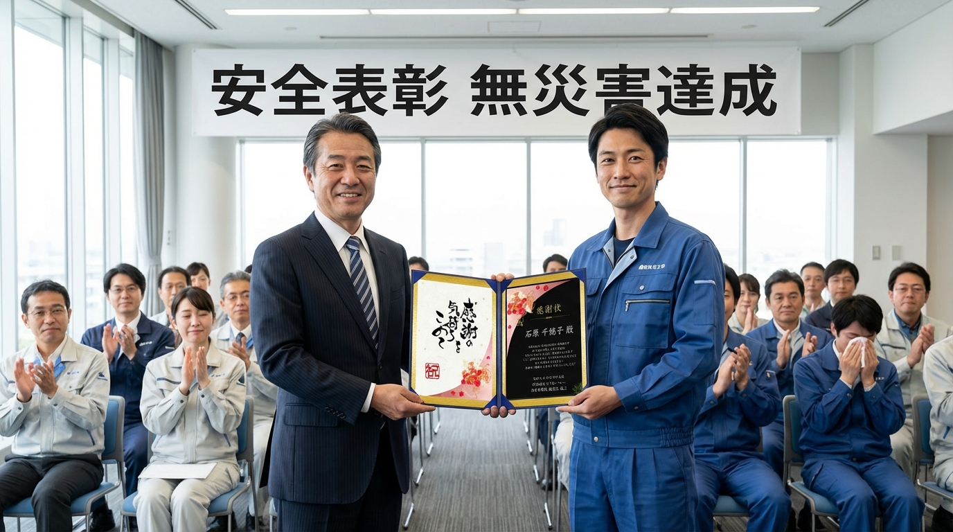 みんなの前で表彰されている社員と社長