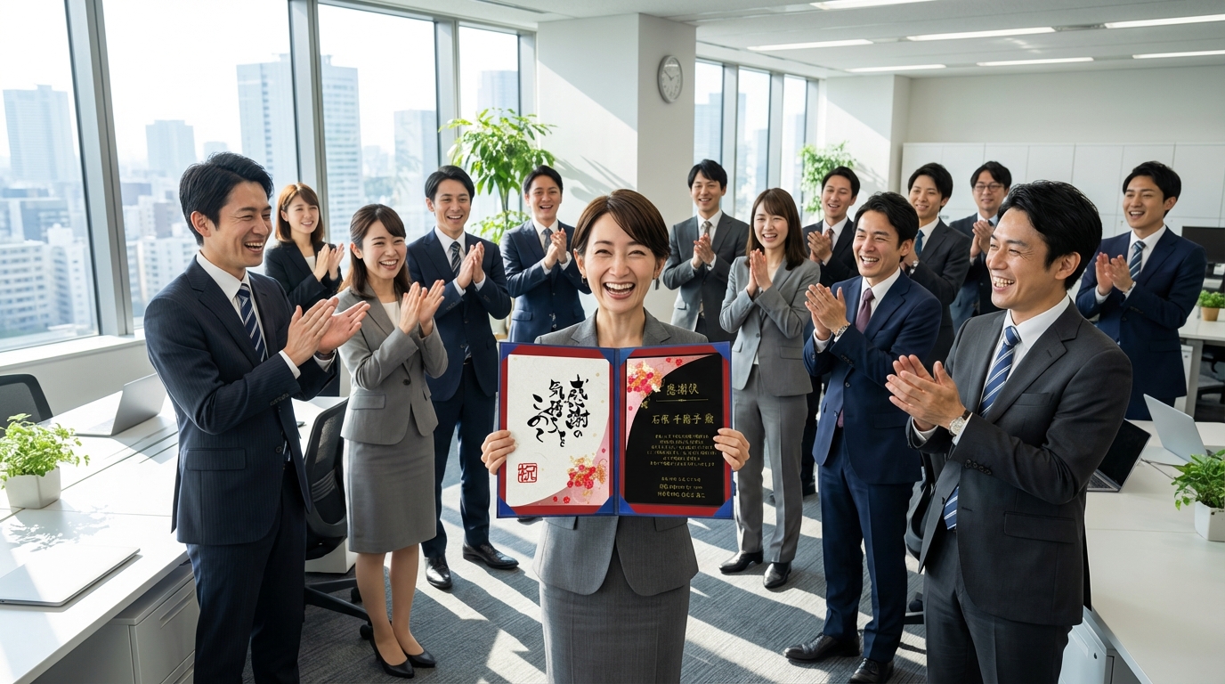 表彰状をもらって喜んでいる女性と会社の人達