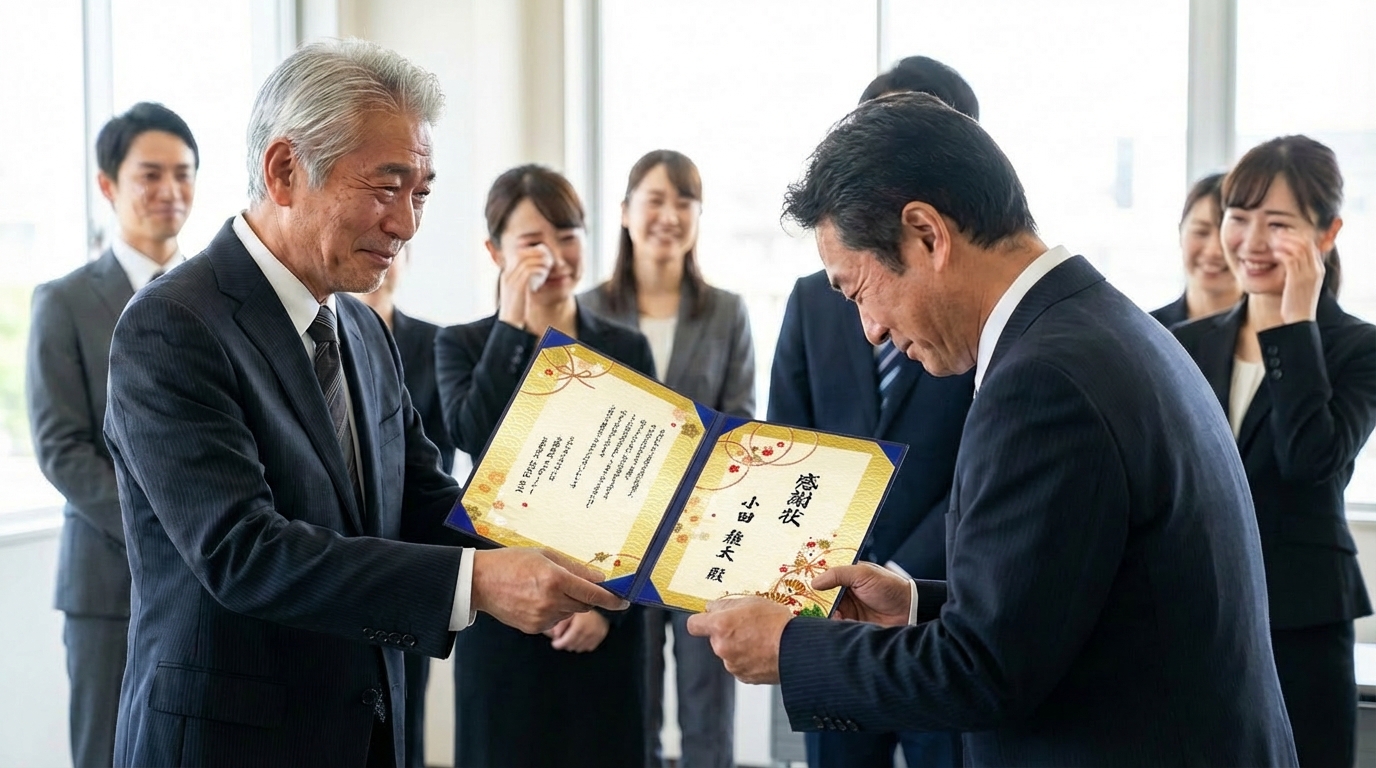 表彰状を渡す社長と受け取る社員