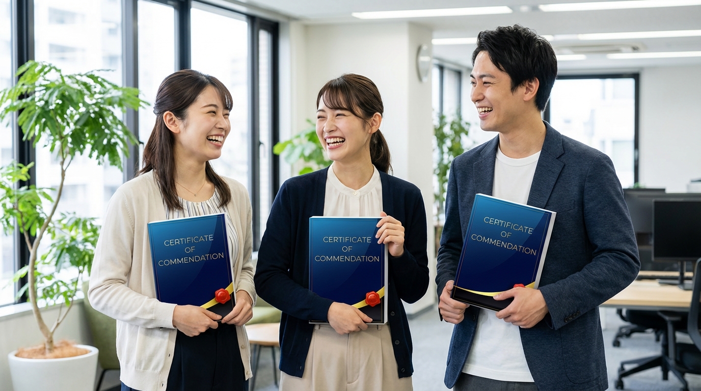 表彰状付きカタログギフトを持って談笑している若手社員