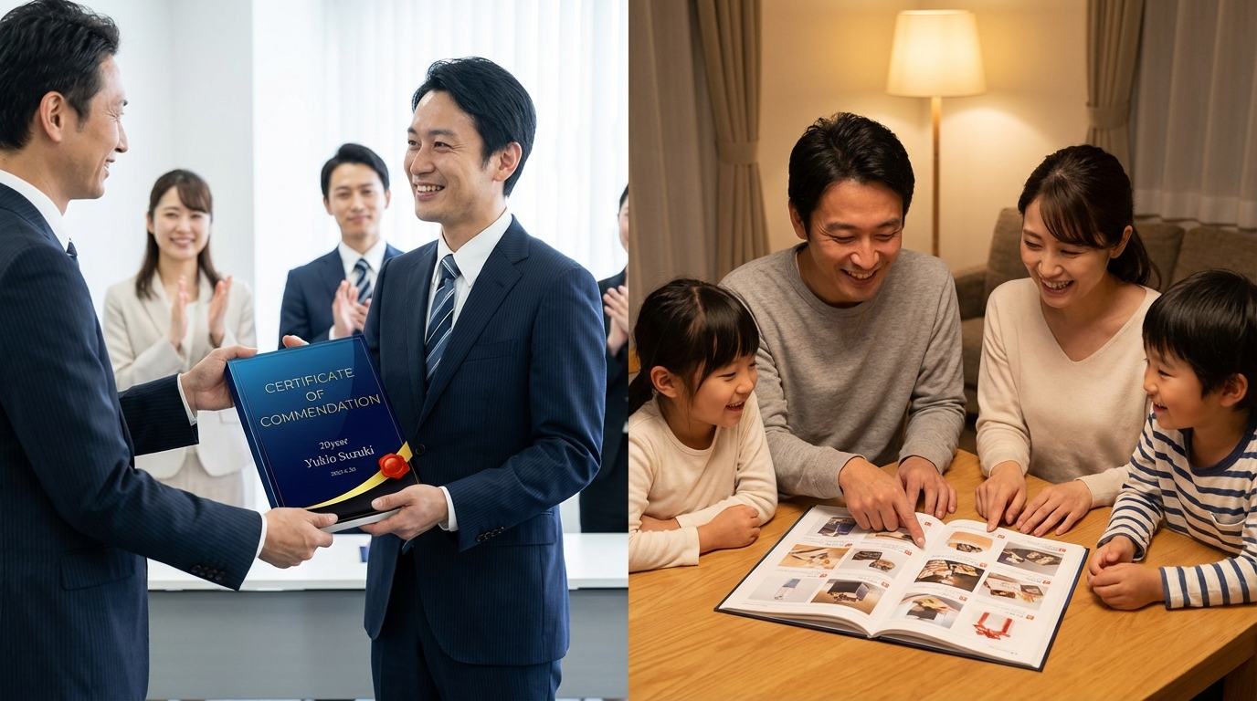 会社で表彰状付きカタログギフトを受け取った社員が、家に帰って家族とカタログギフトを選んでいる様子