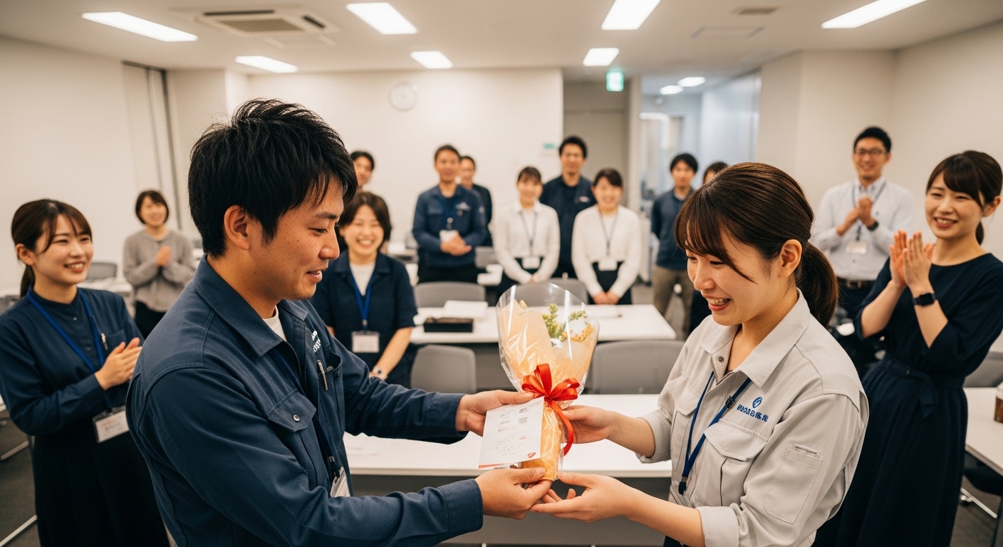 送別会で記念品を贈っているシーン