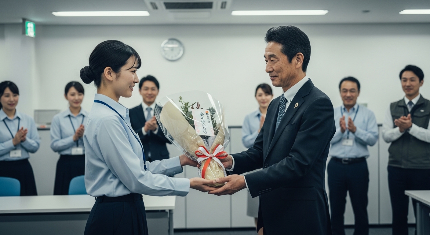 定年退職する社員に記念品を贈呈するシーン