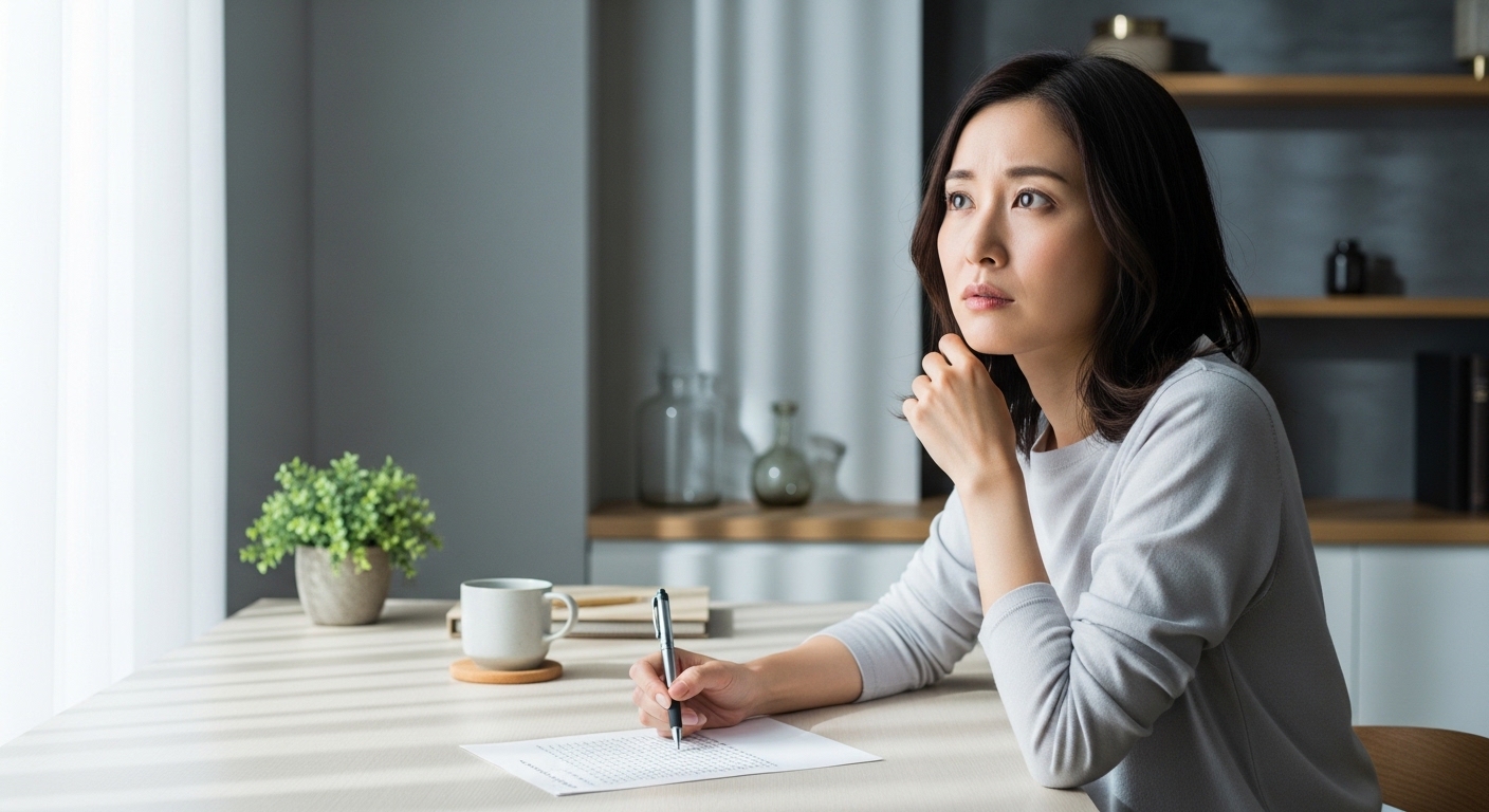 あいさつ文を考えている女性社員