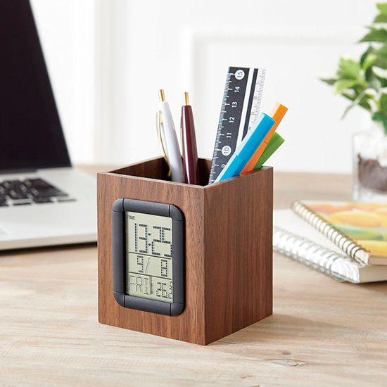 ウッド調クロック　ペン立て付き