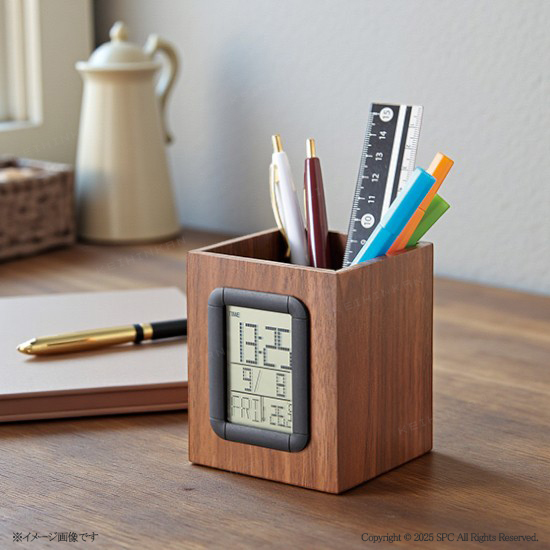 ウッド調クロック　ペン立て付き