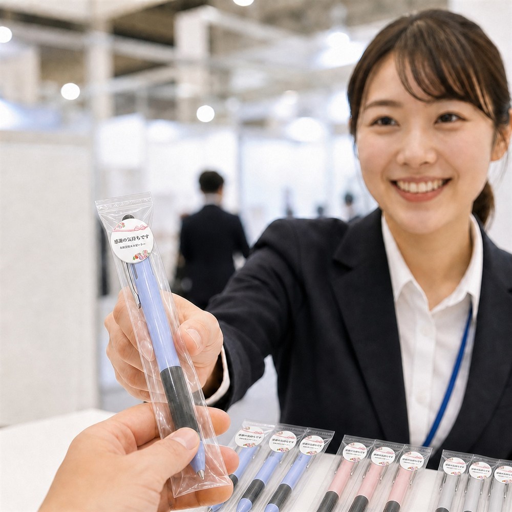 タッチペン付3色ボールペン 展示会での配布イメージ（ポリ袋入り）